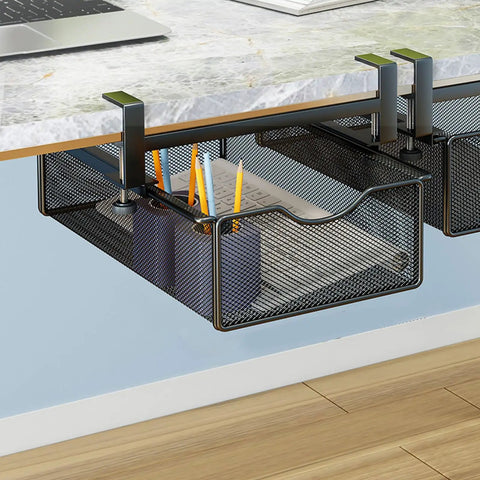 Under Desk Hidden Drawer With No Drilling Mount And Rustproof Metal Build, Slide Out Storage Organizer below desk with clips