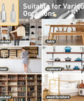 Self Tapping Cabinet Screws And Shelf Pins With Anti Slip Sleeves Set in various home furniture applications, including wardrobe, table, and cabinet.