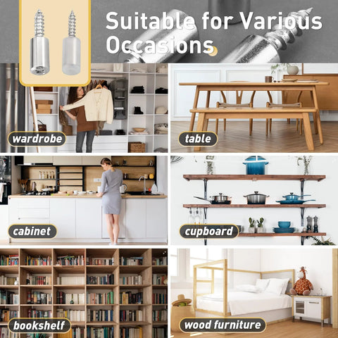 Self Tapping Cabinet Screws And Shelf Pins With Anti Slip Sleeves Set in various home furniture applications, including wardrobe, table, and cabinet.