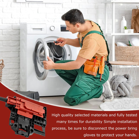 Technician installing Washer Lid Lock Switch Assembly Replacement Kit With 4 Wire Plug Bezel And Instructions on front load washer