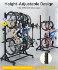 Freestanding Bike Storage Rack for Five Bikes With Built Tough Heavy Duty 350 Lbs Vertical Stand Five PVC Coated Bike Hooks And Six Helmet Hooks Indoor Outdoor Bike Organizer With Locking Casters holding bikes with helmets.