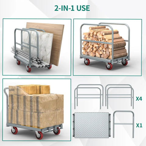 Beast 2 In 1 Drywall Cart Heavy Duty Platform Cart with folding wheels and sides, shown carrying various materials.