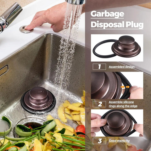 Three Piece Kitchen Sink Drain Strainer And Stopper Set Stainless Steel Garbage Disposal Plug With Handle Universal Fit Anti Clogging Filter Sieve Basket For Most 3 Point 5 Inch Drains Oil Rubbed Bronze in use in sink with food waste.
