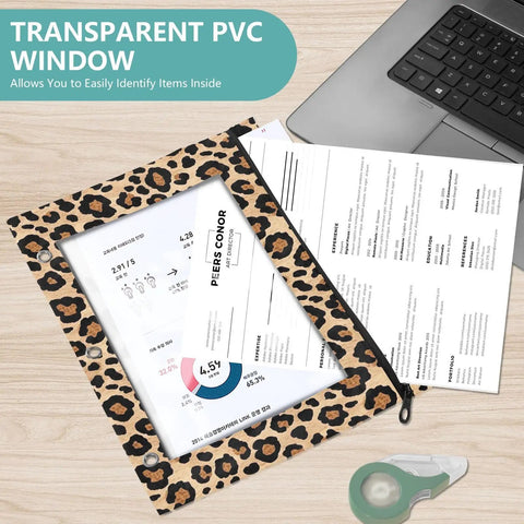 Zippered Leopard Print Coupon And Card Organizer for school supplies with transparent window and binder holes, shown with paper documents