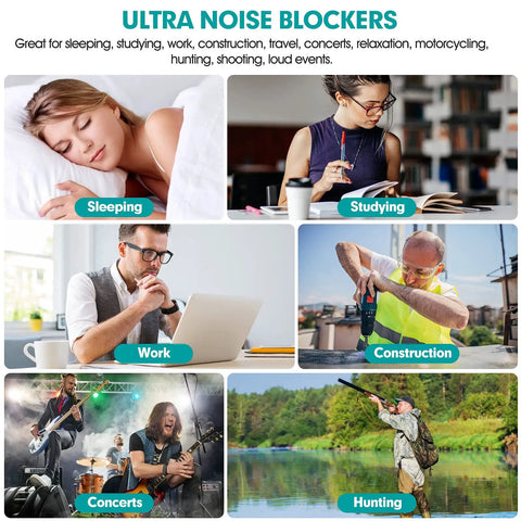 Image showing different uses of Bulk Pack Of Foam Ear Plugs For Work And Travel With 33dB NRR Noise Reduction, Built To Last.
