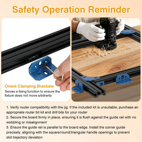 Adjustable Router Jig For Cutting Boards Up To 18 By 18 Inches used on wood with corner radius guides and blue clamping brackets.