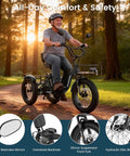 Electric Tricycle For Adults With Fat 4 Inch Tires Foldable Aluminum Frame 400 Pound Capacity Large Rear Basket 500W Motor Compact Folded Size 40X42X29 Hauling Groceries And Weekend Cruising, older man riding outdoors