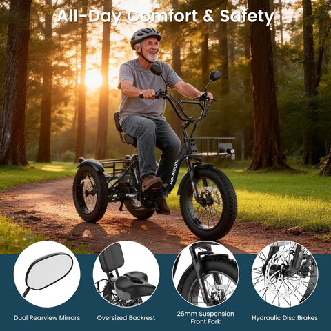Electric Tricycle For Adults With Fat 4 Inch Tires Foldable Aluminum Frame 400 Pound Capacity Large Rear Basket 500W Motor Compact Folded Size 40X42X29 Hauling Groceries And Weekend Cruising, older man riding outdoors