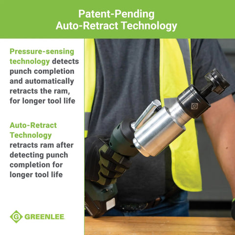 Person using an 11 Ton Battery Hydraulic Knockout Punch Kit With Slugbuster For Half Inch To Two Inch Conduits on a workbench