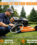Man installing Beefy Heavy Duty Drive Belt Half Inch By 36 Inch Replacement on lawn mower outdoors.