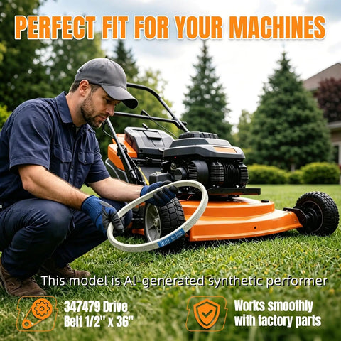 Man installing Beefy Heavy Duty Drive Belt Half Inch By 36 Inch Replacement on lawn mower outdoors.