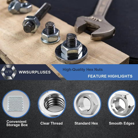 165-Piece SAE Hex Nut Kit In 304 Stainless Steel displayed with wrench and bolts on wooden board