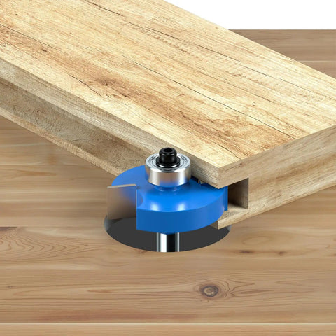 Pack Of 7 Top Notch Carbide Router Bits Set With Ball Bearings for chamfering wood with precision on a workpiece.