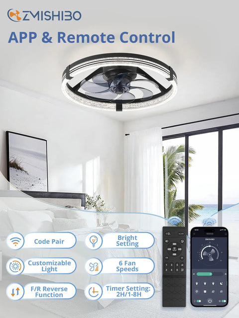 Low Profile Flush Mount Ceiling Fan With LED Lights, 20 Inch Black Modern Ceiling Fan, Remote Control on living room ceiling