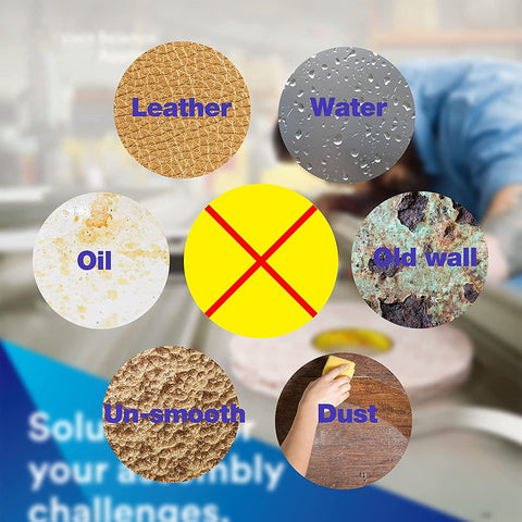 Heavy Duty Double Sided Mounting Tape not recommended for leather, water, oil, old wall, unsmooth surfaces, dust in circles