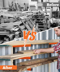 Before and after using 2 Pack Lumber Rack Wood Organizer and Wall Mount Shelf System with 3 Levels Heavy Duty Orange Metal Storage Racks