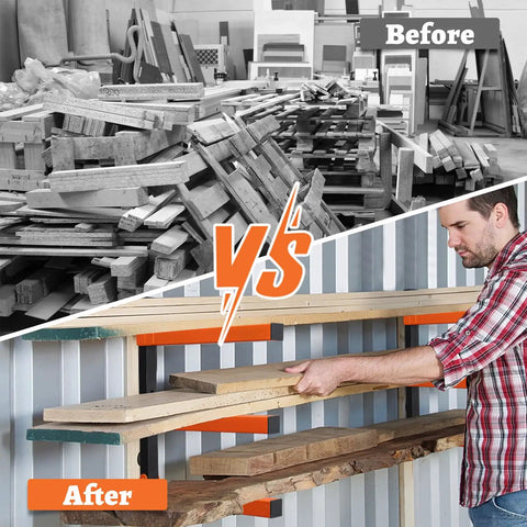 Before and after using 2 Pack Lumber Rack Wood Organizer and Wall Mount Shelf System with 3 Levels Heavy Duty Orange Metal Storage Racks