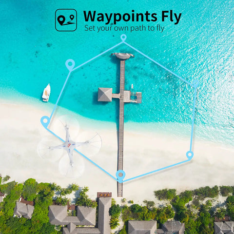 X5SW-V3 FPV Drone with 720P HD Camera flying over beach, showing waypoints path for stable aerial photos and video.