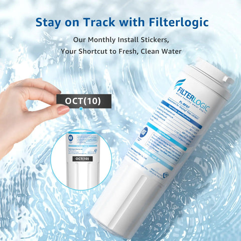 Close-up of Premium Replacement Refrigerator Water Filter Compatible With EveryDrop 4 showing installation sticker