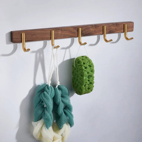 Straight Up Solid Wall Mounted Coat Rack With Five Steel Hooks For Slick Entryway Organization Holds Coats Jackets Keys Umbrellas And Daily Grind Essentials with gold hooks.