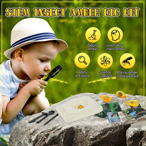 Amber Dig Kit For Kids Hands On Excavation With 8 Insect Specimens Learn Geology And Biology Through STEM Fun Great Educational Gift For Ages 6 8 12 14 And Party Favors. child using magnifier beside resin amber block and digging tools