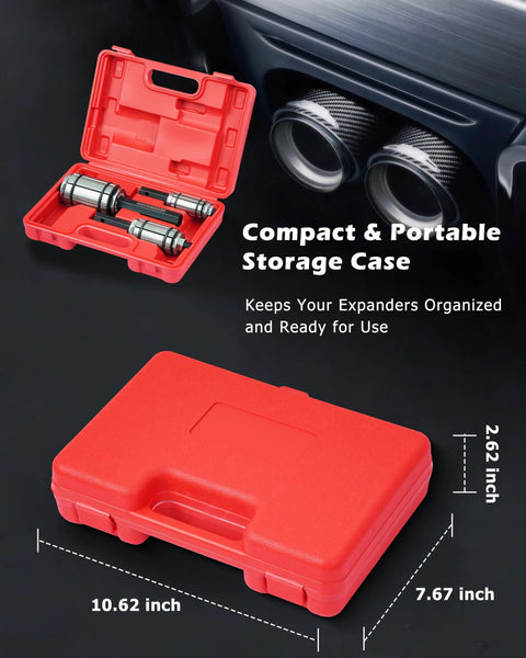 DAYUAN 3-piece exhaust pipe expander tool set in a red storage case, open to show metal expanders
