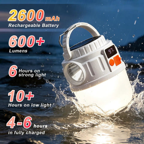 Rechargeable Solar Camping Lantern With 7 Modes And USB Charging Waterproof Emergency Light in water splash
