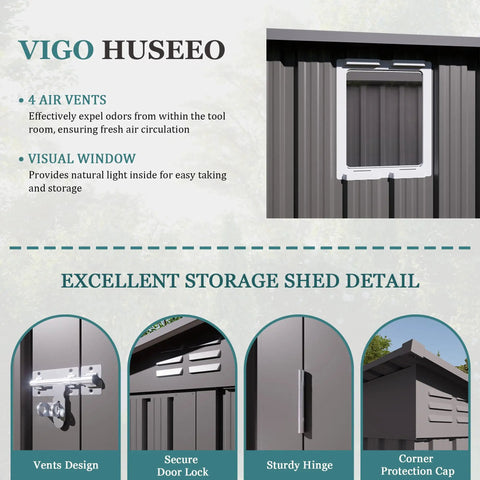 Detailed features of Rugged 4x9.2 Ft Outdoor Storage Shed Made From Galvanized Steel With Lockable Door And Window Waterproof Metal Tool Storage.