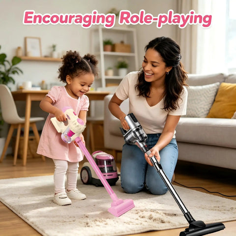 Toddler playing with 3 In 1 Kids Vacuum Toy With Gentle Realistic Suction For Toddlers, Pink Color With Foam Balls, in living room