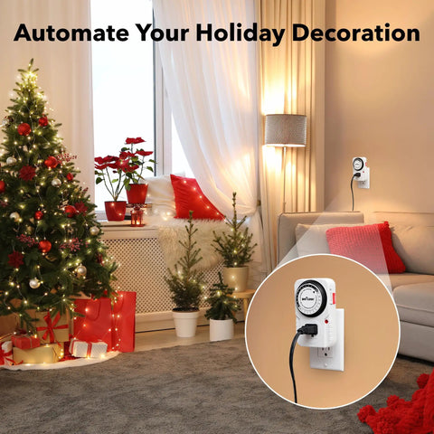 Living room with holiday decorations using 24 Hour Plug In Mechanical Timer With Grounded Outlet And Built In Pin Dial For Aquarium Grow Light Hydroponics Indoor Lighting ETL Listed 125VAC 60Hz 1875W 15A Half HP 2 Pack.
