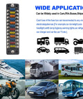 Hella Tough 12 Way ATC ATO Blade Fuse Block Panel With Splash Proof Cover And Integrated Negative Bus For Trucks Rv Marine Auto Electrical Upgrade Projects, showcasing fuses and application vehicles.