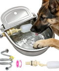 Automatic Dog Water Dispenser With Smart Float Valve Auto Filling Water Bowl For Cats Pups And Livestock Indoor Outdoor Hydration Station, close-up of dog drinking from stainless steel bowl.