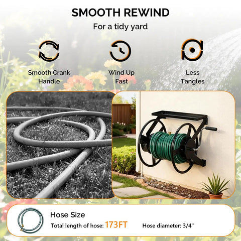 Garden Hose Reel Wall Mounted With 175 Ft Capacity For Three Quarter Inch Hose Heavy Duty Space Saving Design showing smooth rewind feature.