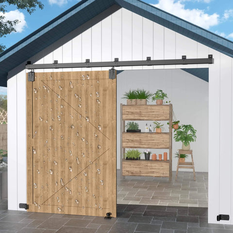 Beefed Up Heavy Duty Exterior Barn Door Hardware Kit For Outdoor Use 12 Foot Box Rail Sliding Track System For One Door 450 Lb Capacity Anti Corrosion Black Finish Ideal For Sheds Stables Garages And Outdoor Barns installed on a wooden barn door