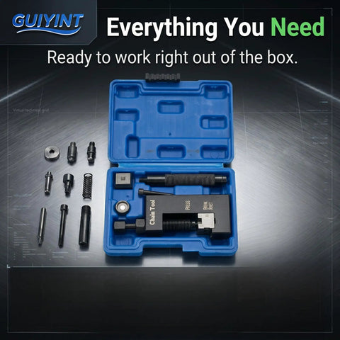 Motorcycle Chain Rivet Tool Replacement For Motion Pro PBR Chain Tool 08 0470 with blue storage case and tool components visible