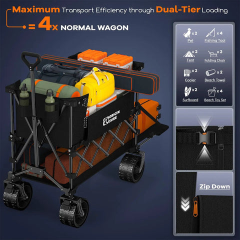 Double Deck Folding Wagon With 54 Inch Tailgate And 560 Lb Capacity, loaded with camping gear and baskets, black with big wheels.