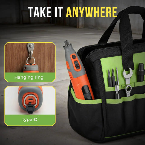 Power Packed 12V Cordless Rotary Tool Kit With Brushless Motor And LCD Display in bag, showing hanging ring and type-C port.