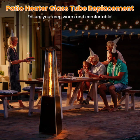 Outdoor gathering with patio heater using Glass Tube Replacement for Patio Heaters, 49.5 Inch Tall by 4 Inch Diameter