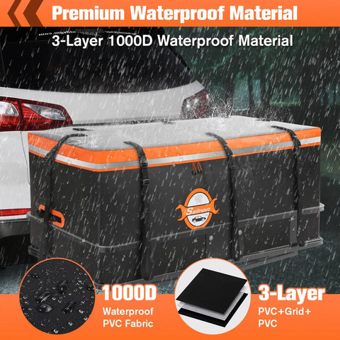 Hitch Cargo Carrier Soft Shell Bag Waterproof 20 Cubic Feet Storage Bag on SUV with water showing 1000D PVC material.