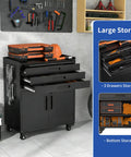 Three Foot Rolling Tool Cart With Lockable Swivel Casters Heavy Duty Three Drawer Storage Cabinet And Pegboard Organizer in a garage setting.