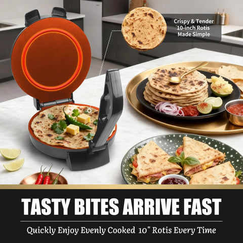 FineMade 10 Inch Electric Roti Maker Machine With Precision Temp Control Detachable Handle, cooking fresh chapatis.