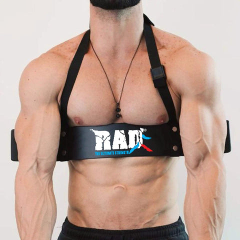 Arm Blaster For Biceps And Triceps Lock In Form During Heavy Curls Contoured 24 Inch Training Belt worn by a muscular man