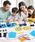 Family using Seven In One STEM Kit For Kids Ages Eight To Twelve With Electric Motor Building And Seven Totally Fun Experiments.