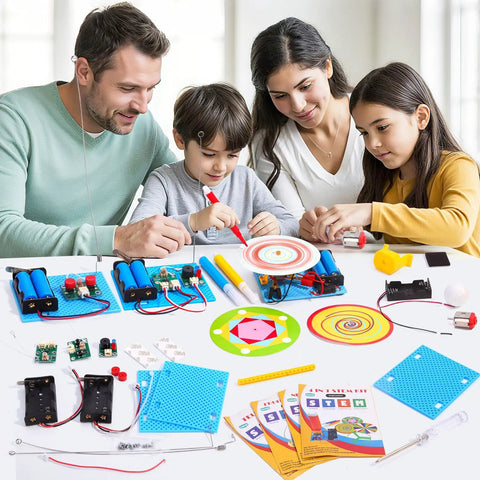Family using Seven In One STEM Kit For Kids Ages Eight To Twelve With Electric Motor Building And Seven Totally Fun Experiments.