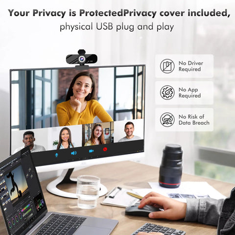 Straight Fire 1080P Full Hd Webcam With Built In Noise Cancellation Mic And Wide Angle Lens Auto Light Boost for video calls on a PC.