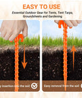 Hold It Down Easy 15 Pack Plastic Spiral Tent Stakes 10 Inch Heavy Duty showing easy insertion and removal from soil.