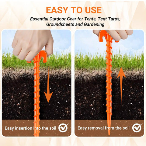 Hold It Down Easy 15 Pack Plastic Spiral Tent Stakes 10 Inch Heavy Duty showing easy insertion and removal from soil.