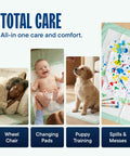 Super Absorbent Disposable Underpads 50 Pack 17 By 24 Inch Leak Proof Pee Pads For Dogs And Puppies Adult Incontinence Liners and Baby Changing Sheets shown in various uses.