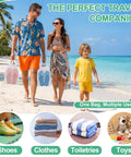 Family walking on beach carrying clear shoe bags, showcasing Large Waterproof Clear Drawstring Shoe Bags for Travel, 5 pack.
