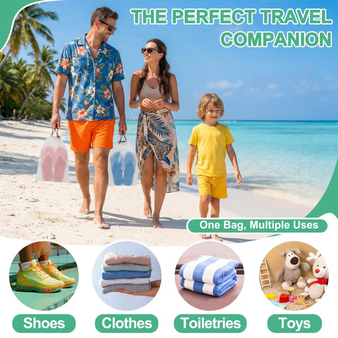 Family walking on beach carrying clear shoe bags, showcasing Large Waterproof Clear Drawstring Shoe Bags for Travel, 5 pack.